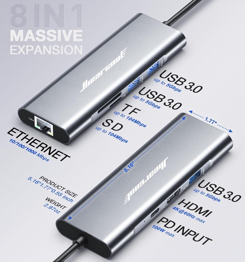 Hiearcool محور USB C إيثرنت 8 في 1، محول متعدد المنافذ USB-C إلى HDMI بدقة 4K@60Hz مع RJ45 بسرعة 1Gbps، شحن PD بقوة 100W، 3 منافذ USB 3.0، SD/TF، متوافق مع MacBook Pro/Air، Dell، Lenovo لابتوبات - Image 5